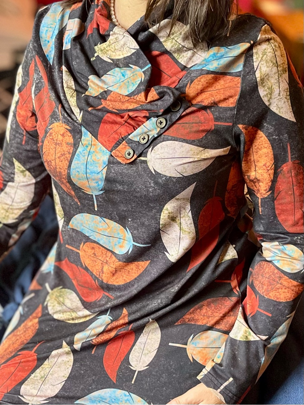 Cozy Cross-Over Button Collar Leaf-Print Tunic Top or Swing Dress in Fall Colors